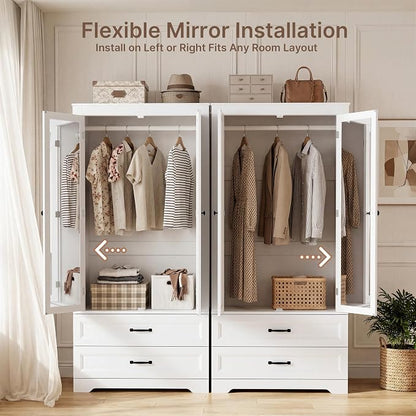 Gizoon Wooden Armoire Wardrobe with Full-Length Mirror & 2 Drawers, 2 Doors, Hanging Rod, Anti-tip, Adjustable Mirror Position (Left/Right), freestanding Wardrobe for Bedroom, White