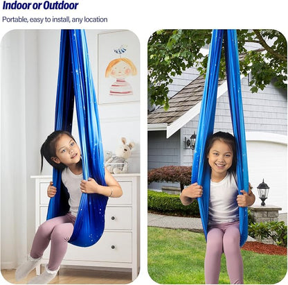 Sensory Swing for Kids & Adults Holds up to 300lbs Indoor & Outdoor Double Layer Therapy Cuddle Swing with 360° Swivel Hanger Kit for Calming, Effect for Autism, ADHD or SPD. (Star Blue)