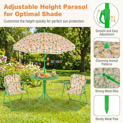 HONEY JOY Kids Picnic Table, Animal Themed Toddler Outdoor Table and Chair Set, 2 Folding Chairs & Removable Umbrella, Children Outdoor Furniture for Backyard Patio Garden (Green Lion)