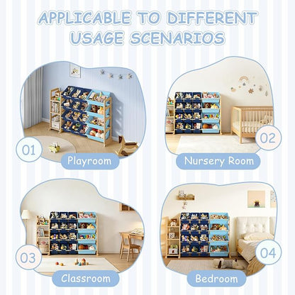 EXPERLAM Toy Storage Organizer, Toy Storage Shelf with 3 Shelves and 16 Storage Bins (12 Small + 4 Large), 3-in-1 Kids Bookshelf for Kids Rooms, Playroom, Nursery, Blue
