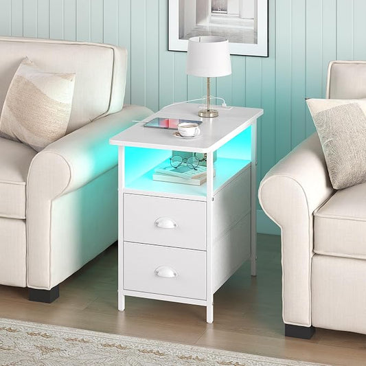 sthmec End Table with Charging Station, Narrow Side Table with 2 Drawers, LED Nightstands with Drawers, USB Ports & Power Oulets,Slim Sofa Side Tables for Small Spaces,Living Room,Bedroom,White