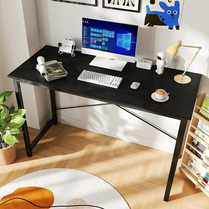 Sweetcrispy Computer Office Desk 48 Inch Student Study Writing Work with Metal Frame Wood Tabletop Modern Simple PC Home Bedroom Table - Basic Black, Compact Sturdy Desk for Laptop, Study, Gaming