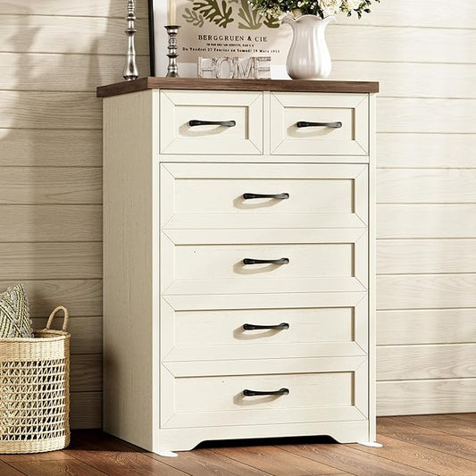 AODK Farmhouse Tall 6 Drawer Dresser for Bedroom, 5-Tier Vertical Storage Chest with Mixed Drawers, Engineered Wood Frame with Anti-Tip Safety, American Country Furniture, Walnut & Vintage White