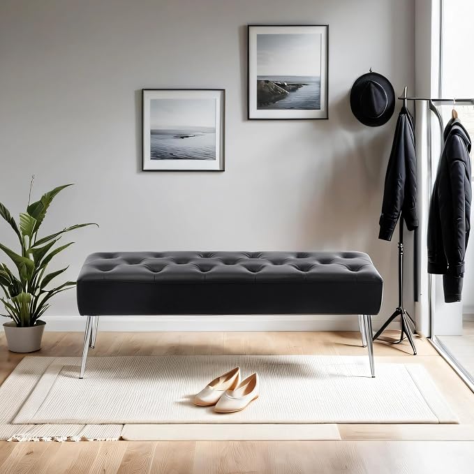 DUHOME Button-Tufted Ottoman Bench, Upholstered Bedroom Benches Footrest Stool Leather Accent Bench for Entryway Dining Room Living Room Bedroom End of Bed, Black
