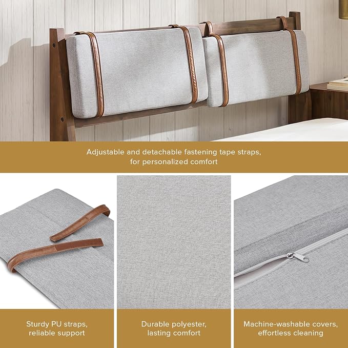 mopio Ted Bed Frame with Headboard, Mid Century Modern Acacia Solid Wood Platform Bed Frame, Wooden Slats, No Box Spring, Double Metal Bar Support (Solid Wood Upholstered, Queen (U.S. Standard))