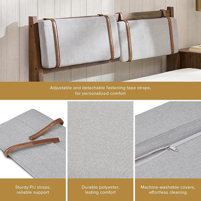 mopio Ted Bed Frame with Headboard, Mid Century Modern Acacia Solid Wood Platform Bed Frame, Wooden Slats, No Box Spring, Double Metal Bar Support (Solid Wood Upholstered, Queen (U.S. Standard))