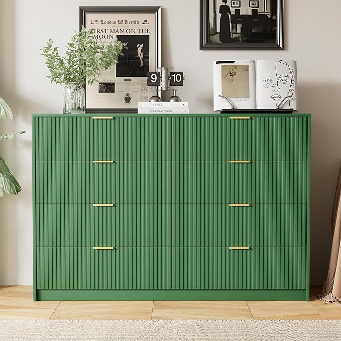 Furniway Green Dresser for Bedroom, Modern Dresser with 8 Drawers and Smooth Slides, Wide Chest of Drawers with Golden Handles for Bedroom, Closet, 15.7" D x 55" W x 37.4" H