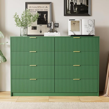 Furniway Green Dresser for Bedroom, Modern Dresser with 8 Drawers and Smooth Slides, Wide Chest of Drawers with Golden Handles for Bedroom, Closet, 15.7" D x 55" W x 37.4" H