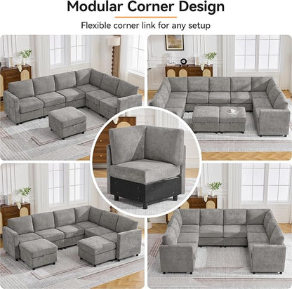 104'' V Shaped Modular Sofa, Sectional Couch with Storage for Living Room, Modern 7 Seater Cloud Sectional Couch with Movable Ottoman, Chenille Grey