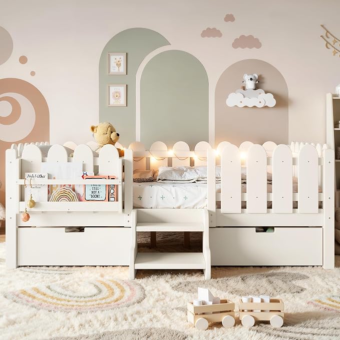 Bellemave Full Kids Montessori Bed with Stairs, Bookshelf and LED Lights, Solid Wood Kids Bed Frame with Storage Drawers for Boys Girls, Low Profile,Beige