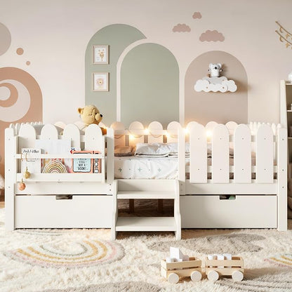 Bellemave Full Kids Montessori Bed with Stairs, Bookshelf and LED Lights, Solid Wood Kids Bed Frame with Storage Drawers for Boys Girls, Low Profile,Beige
