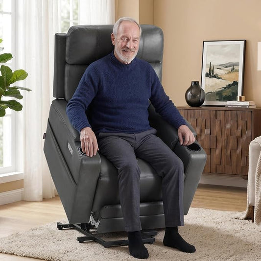 MCombo Lift Chair for Tall Man 6‘6’’, Dual Motor Power Lift Recliner Chair for Elderly, Lay Flat for Sleeping, Heat and Massage, USB & Type C, Faux Leather 7755 (Grey)