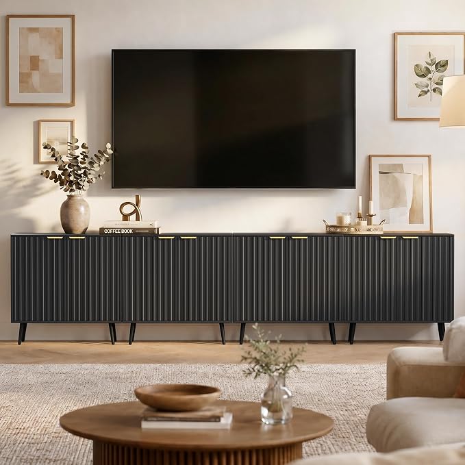 Set of 4 Fluted Storage Cabinet, Buffet Cabinet with Storage, Wood Sideboard with Adjustable Shelf, Modern Accent Cabinet & Console Table for Entryway, Living Room, Dining Room, Black