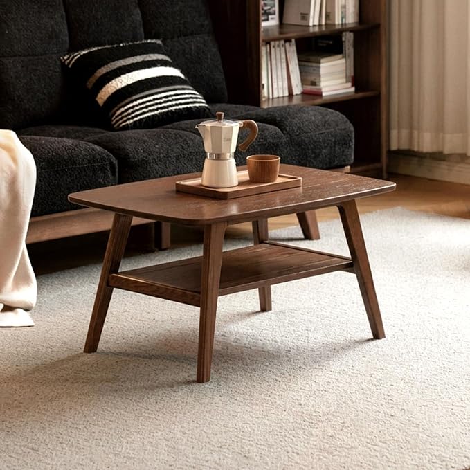 100% Solid Wood Coffee Table for Living Room, 31.5" Small Tables with Shelf Storage, Mid Century Modern Storage Coffee Table with Rounded Corners (Oak Wood Walnut Color)