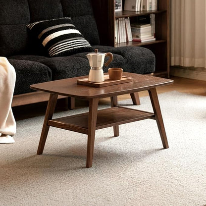 100% Solid Wood Coffee Table for Living Room, 31.5" Small Tables with Shelf Storage, Mid Century Modern Storage Coffee Table with Rounded Corners (Oak Wood Walnut Color)