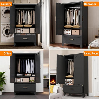 60" Matte Black Metal Storage Cabinet with 2 Doors, Drawer, Interior Rail and Adjustable Shelf, Freestanding Utility Cabinet for Office, Laundry Room, Entryway, Garage and Home Storage