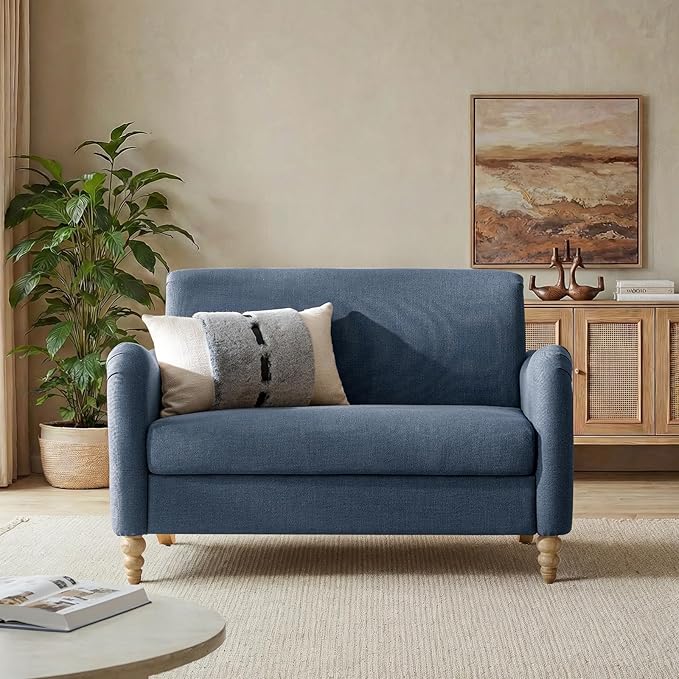 EcoHarbor Living 50.5" Mid-Century Modern Couch, Upholstered Sofa with Armrests, Stripe Mini Couches for Small Spaces, Living Room, Bedroom, Office, Apartment, Slate Blue