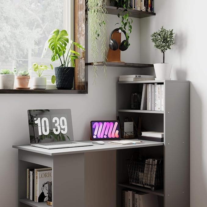 HOMCOM Modern Home Office Desk with 6-Tier Storage Shelves, 47" Writing Desk with Bookshelf, Gray
