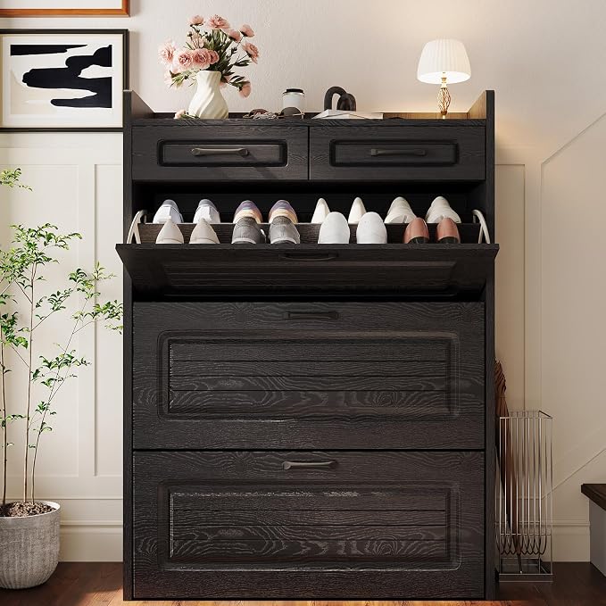 Shoe Cabinet Storage for Entryway with 3 Large Flip Drawers & 2 Storage Drawers, Narrow Shoe Organizer Cabinet Fits for Kinds of Shoes, Slim Shoe Storage Cabinet for Entryway, Hallway, Black