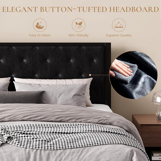 SHA CERLIN King Size Metal Bed Frame with PU Tufted Headboard, Black | Modern Design Heavy-Duty Platform Bed, No Box Spring Need, PU Leather Upholstery, Noise Free, Easy Assembly