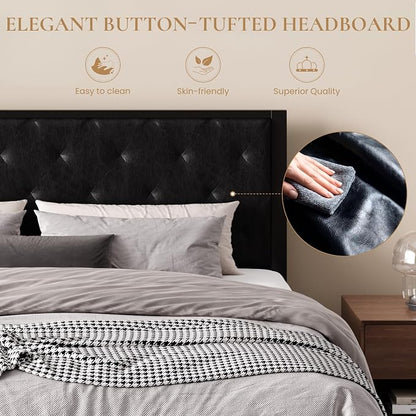 SHA CERLIN King Size Metal Bed Frame with PU Tufted Headboard, Black | Modern Design Heavy-Duty Platform Bed, No Box Spring Need, PU Leather Upholstery, Noise Free, Easy Assembly