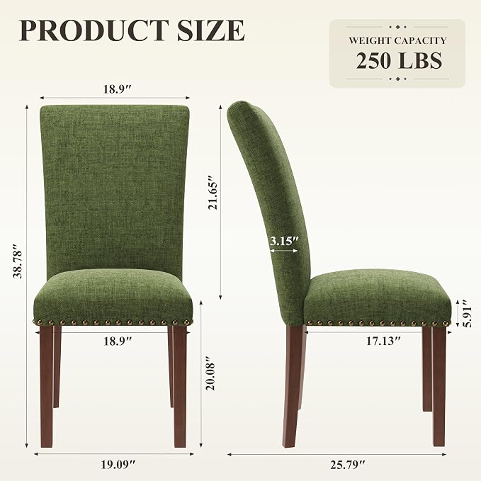 MALOL Dining Chairs Set of 2, High Back Dining Chair with Wood Legs and Nailhead Trim, Modern Padded Kitchen Room Chairs for Dining Room/Restaurant, Green