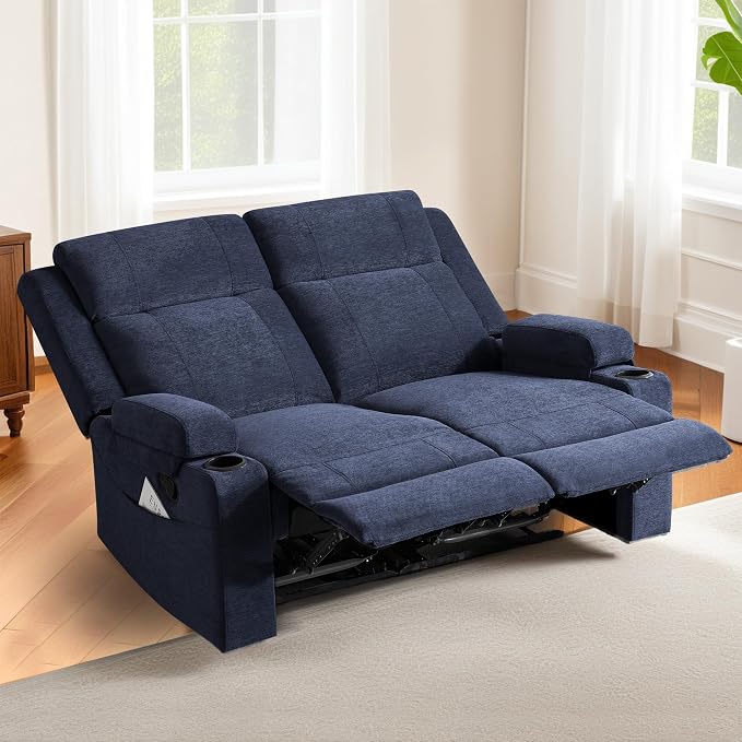 55" RV Loveseat Recliner – Space-Saving Double Reclining RV Sofa, Compact Theater Seating with Cup Holders & Storage Pocket, Blue Chenille Couch for Camper, Motorhome & Home Theater