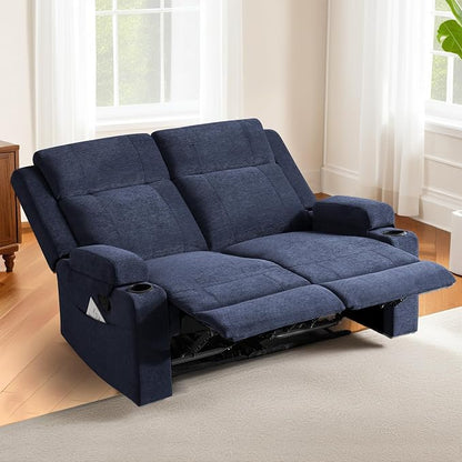 55" RV Loveseat Recliner – Space-Saving Double Reclining RV Sofa, Compact Theater Seating with Cup Holders & Storage Pocket, Blue Chenille Couch for Camper, Motorhome & Home Theater