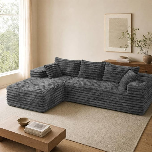2" Corduroy Boneless Couches for Living Room, L Shape Sofa with Chaise | 102.4" Modular Sectional Sofa, Cloud Couch Sectional with Deep Seat, No Assembly, Grey, Left Chaise