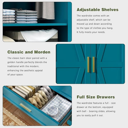COFaR 71 Farmhouse Metal Wardrobe Closet with Hanging Rod, 2 Barn Doors, Adjustable Shelves, Steel Armoire with Drawer for Home, Bedroom Green