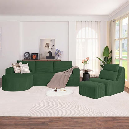 104.92" L-Shaped Corduroy 3 Piece Sofa Set with Single Lounge Chair & Ottoman, Modular Compressed All Foam Couch, Freely Movable Footrest, Minimalist Large Living Room Furniture