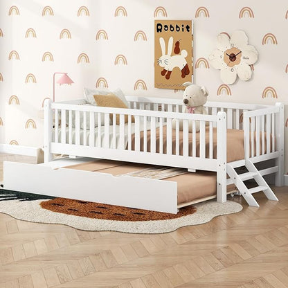 Merax Wood Twin Size Platform Bed with Guardrail and Trundle, Kids Bed Frame with Stairs, White