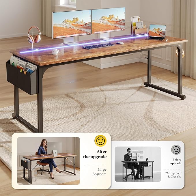 DurayLoly 71"Computer Desk with LED Lights, Large Office Desk for 3 monitors or 2 laptops,Long Desk with Storage Bag&Headphone Hook for Study Writing Work Gaming Desk,Sturdy Metal Frame,Bedroom,Brown