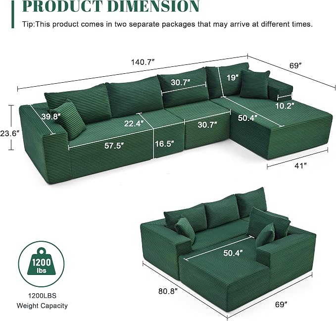 Mangodan 140” Cloud Sectional Couch, Boneless Sofa for Living Room, Modular Sectional Sofa with Deep Seat, Comfy Fluffy L-Shaped Couch with Right-Facing Chaise, No Assembly Required, Green