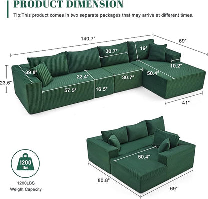 Mangodan 140” Cloud Sectional Couch, Boneless Sofa for Living Room, Modular Sectional Sofa with Deep Seat, Comfy Fluffy L-Shaped Couch with Right-Facing Chaise, No Assembly Required, Green