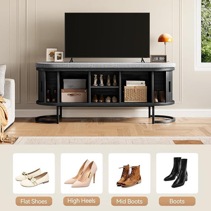 Decofy Shoe Storage Bench with Cushion and Sliding Doors, 47.2 Inch Shoe Bench with Storage, Freestanding Entryway Bench with Storage, Sturdy Metal Feet, for Hallway & Entrance Hall, Black Walnut