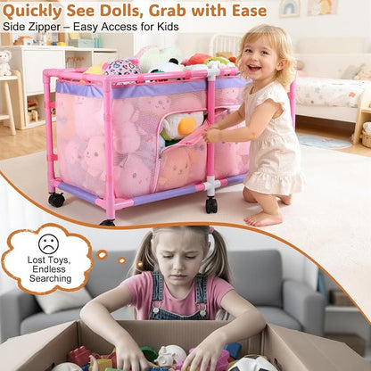 FIOBEE Toy Box for Girls Boys with See-Through Mesh & 360° Rotating Wheels Toy Chest Organizer Easy Install Stuffed Animal Storage for Nursery Playroom Toy Storage Bin, Pink