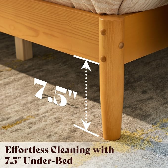 AMERLIFE Solid Wood King Size Bed Frame, Mid Century Modern Platform Bed with Full Panel Headboard, Noise-Free & Cylindrical Legs, No Box Spring Needed, Under-Bed Storage, Natural Wood