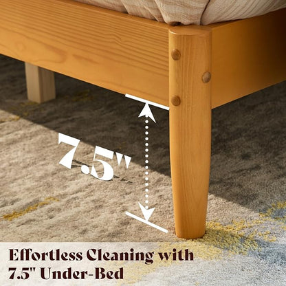 AMERLIFE Solid Wood King Size Bed Frame, Mid Century Modern Platform Bed with Full Panel Headboard, Noise-Free & Cylindrical Legs, No Box Spring Needed, Under-Bed Storage, Natural Wood