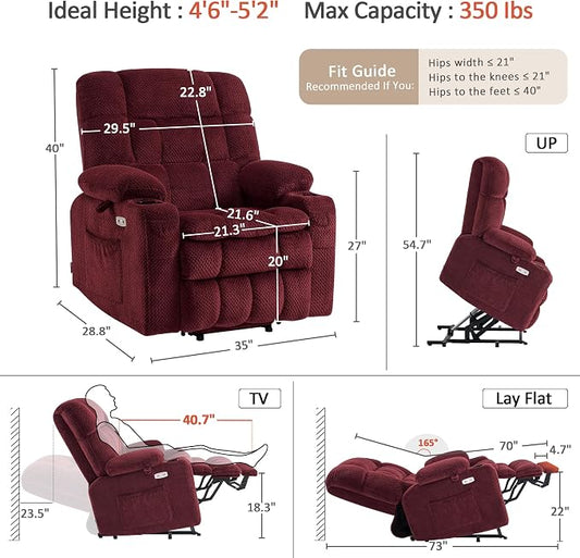MCombo Small Dual Motor Power Lift Recliner Chair for Petite Elderly, Zero Gravity Lift Chair with Heat and Massage, Infinite Position Lay Flat Recliner, USB Ports, Fabric 7893 (Small, Burgundy)