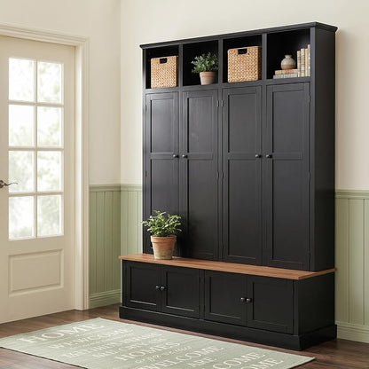 Hall Tree with Bench and Shoe Storage,Shoe and Coat Rack with Drawer and Hooks,Farmhouse Furniture for Entryway,Mudroom,Living Room,Black (Black, 59" W)