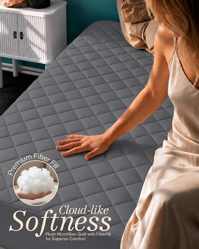 Quilted Fitted Mattress Pad, Twin Mattress Protector Topper with Deep Pocket Stretches up to 16 Inches, Machine Washable Mattress Cover by Utopia Bedding (Grey)
