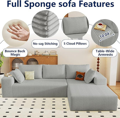 96" Modular Sectional Sofa, Modern Corduroy Cloud Couch with Deep Seat, Boneless Couch Upholstered 3-Seater L-Shaped Sofa for Living Room, No Assembly Required (Light Grey, Right-Facing Chaise)