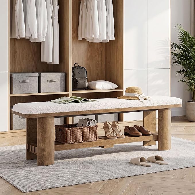 Tribesigns Entryway Bench with Storage, 62.9-Inch Wooden Upholstered Shoe Bench with Faux Lamb Wool Cushion and Shoe Rack for Living Room Hallway