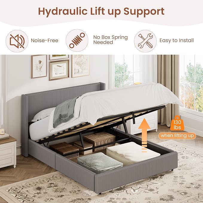 Garvee Full Lift Up Storage Bed Frame, Corduroy Upholstered Platform Bed with Gas Lift, Padded Headboard, Wooden Slat Support, No Box Spring Needed, Easy Assembly, Taupe Grey