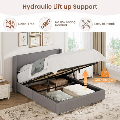 Garvee Full Lift Up Storage Bed Frame, Corduroy Upholstered Platform Bed with Gas Lift, Padded Headboard, Wooden Slat Support, No Box Spring Needed, Easy Assembly, Taupe Grey