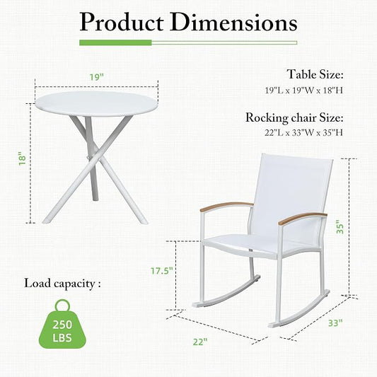 Shintenchi 3 Pieces Patio Rocking Bistro Sets,Outdoor Textilene Fabric Conversation Bistro Set,Front Porch Rocker Chairs Small Patio Furniture Set with Table for Lawn,Garden,Balcony(White)