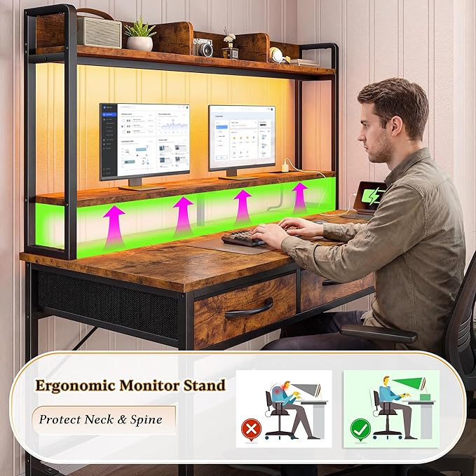 DurayLoly 47.2" Computer Desk with Hutch& Drawers,Desk for Bedroom | Eye-protective Soft LED Teen Study Desk Built-in USB Port for Desk Lamps Monitor Stand, Protect Neck & Spine