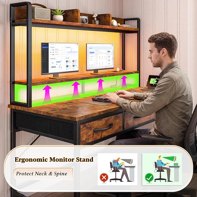 DurayLoly 39.4" Office Desk with Shelves & Monitor Stand, Computer Desk with Hutch&Drawers, LED Lights & Power Outlet, for Modern Home Office & Bedroom, Small Space, Rustic Brown