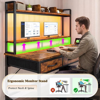 DurayLoly 39.4" Office Desk with Shelves & Monitor Stand, Computer Desk with Hutch&Drawers, LED Lights & Power Outlet, for Modern Home Office & Bedroom, Small Space, Rustic Brown